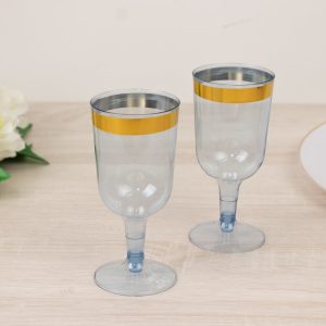 12 Pack Plastic Short Stem Wine Glasses 6oz Transparent Dusty Blue/Gold Rim - Disposable Cups for Parties